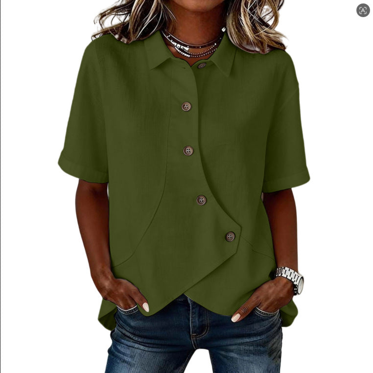 Aurelyth - Asymmetrische damesblouse met knopen en elegante gestructureerde kraag