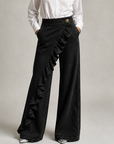 Izzavelle - Dames brede denim broek met asymmetrische volant in elegante culotte-stijl