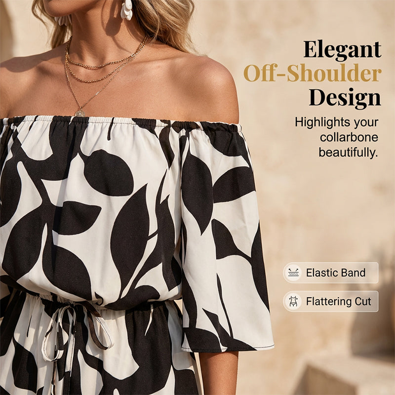 Ivoriah - Dames short jumpsuit met blote schouders en bladerenprint