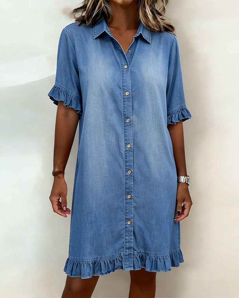 Glytha - Dames Denim Jurk Met Knopen Volant Mouwen Rechte Casual Snit
