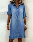 Glytha - Dames Denim Jurk Met Knopen Volant Mouwen Rechte Casual Snit