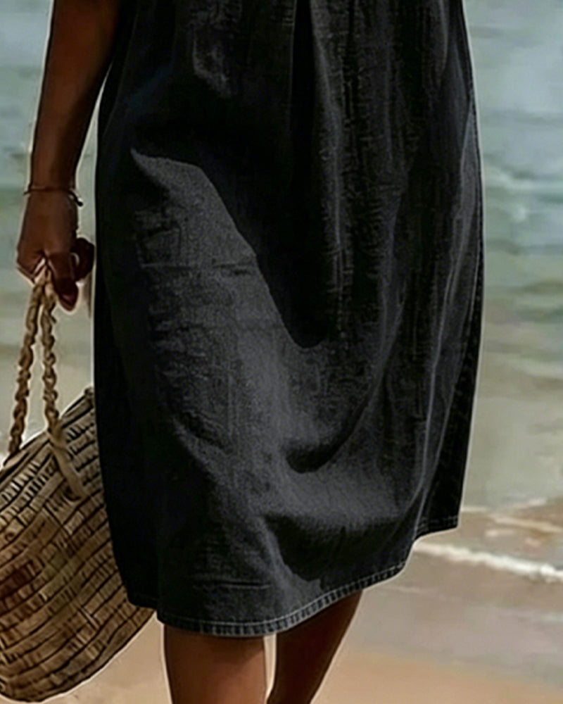 Fynorae - Dames jurk van denim met volantmouwen vloeiende snit zomer strand