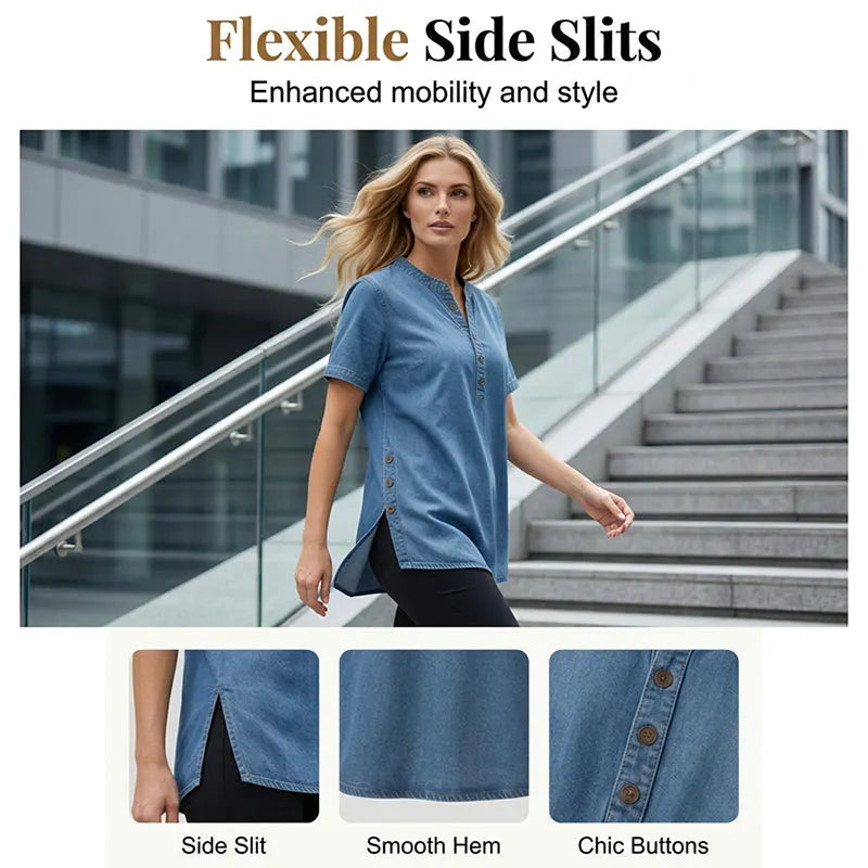 Kynessa - Lichte denim tuniek voor dames met korte mouwen en V-hals