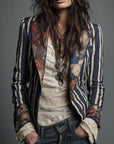 Avenorix - Gestreepte boheemse damesblazer met vintage bloemenprint