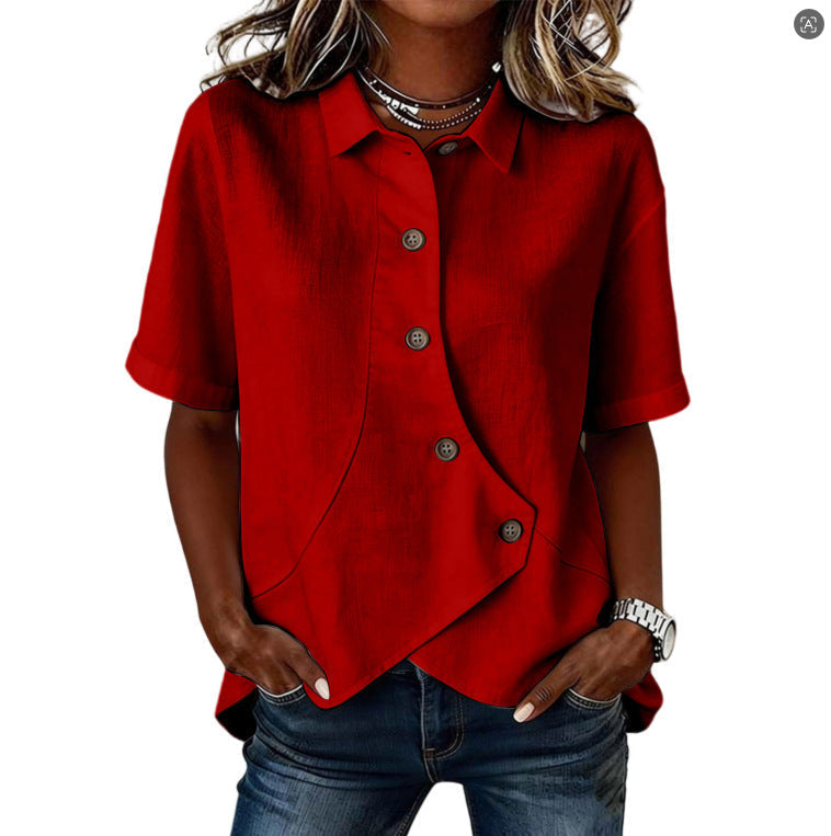 Aurelyth - Asymmetrische damesblouse met knopen en elegante gestructureerde kraag