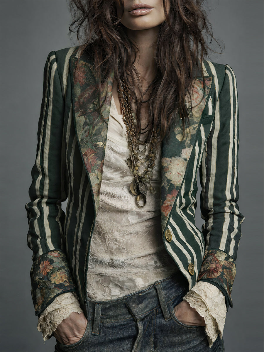 Avenorix - Gestreepte boheemse damesblazer met vintage bloemenprint