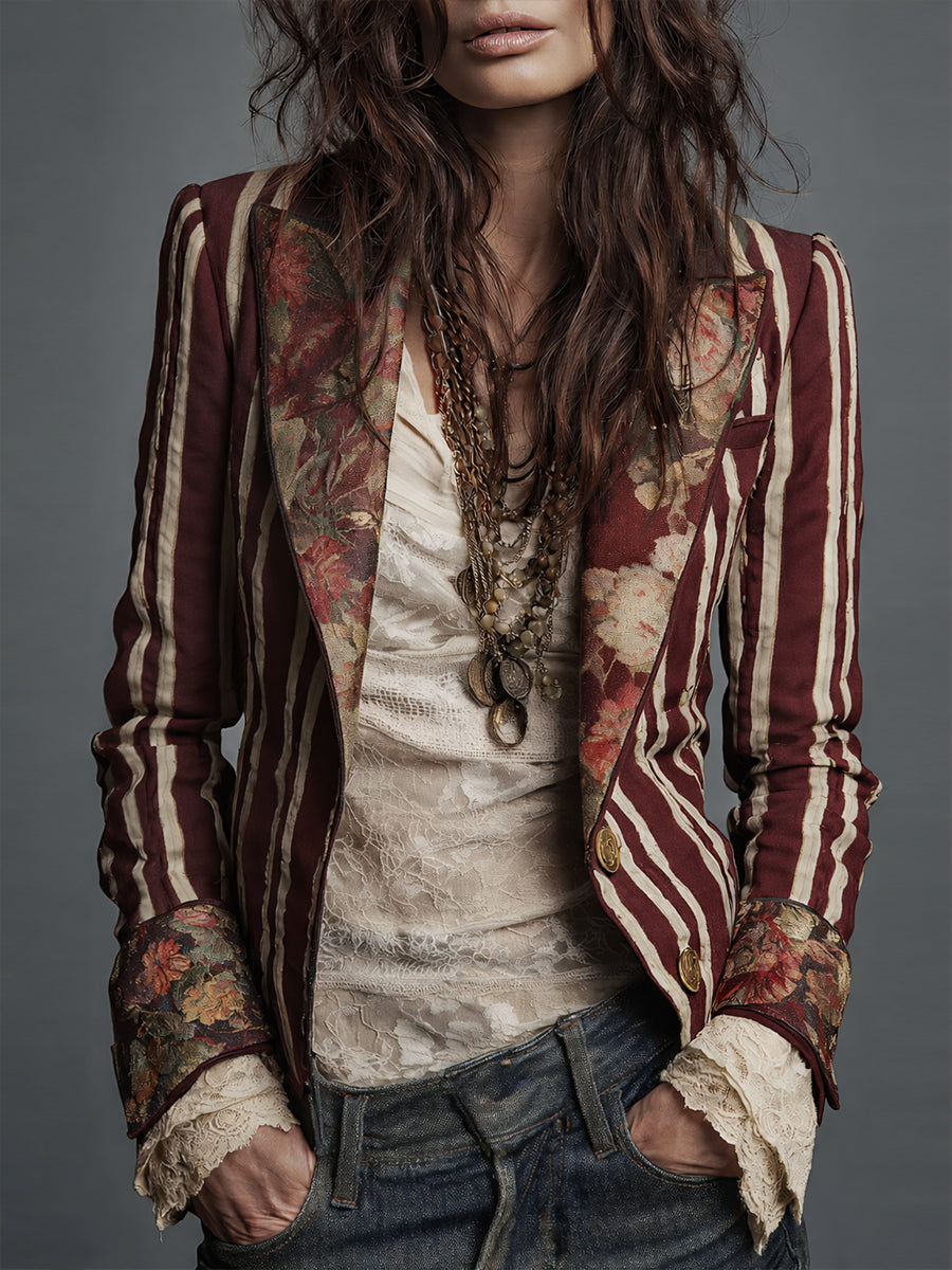 Avenorix - Gestreepte boheemse damesblazer met vintage bloemenprint