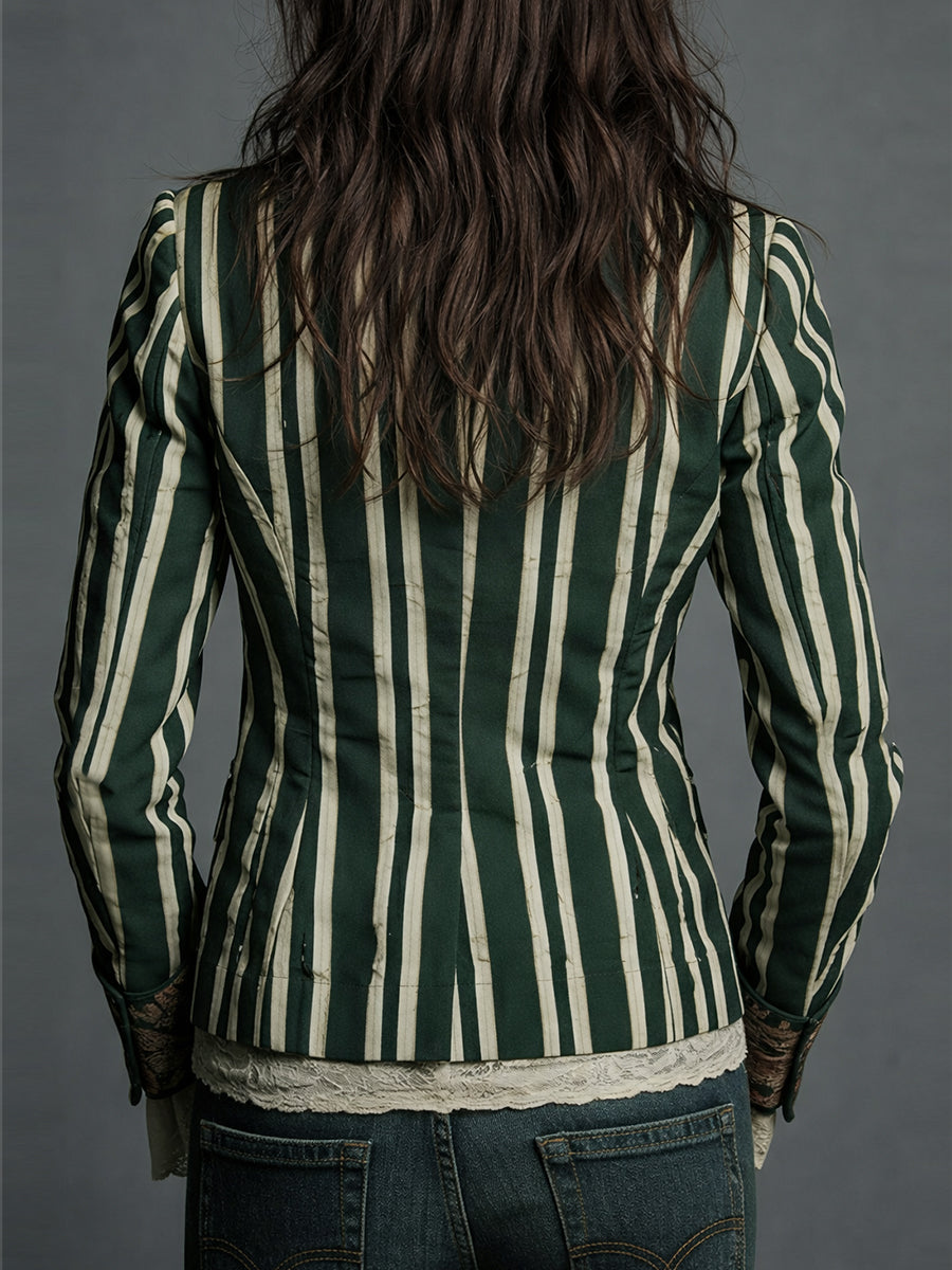 Avenorix - Gestreepte boheemse damesblazer met vintage bloemenprint