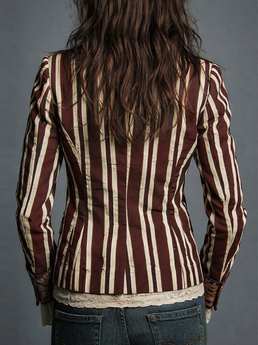 Avenorix - Gestreepte boheemse damesblazer met vintage bloemenprint