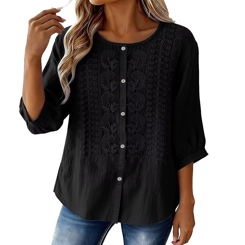 Sorivelle - Geborduurd damesblouse van katoen en linnen met 3/4 mouwen