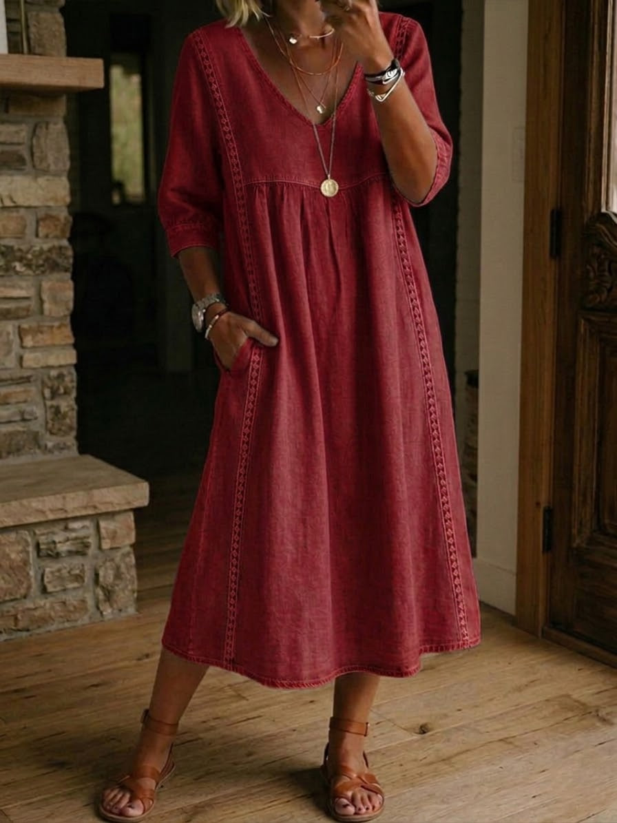 Jaxine - Dames Jurk Patchwork Kant Katoen Linnen Casual Zomer