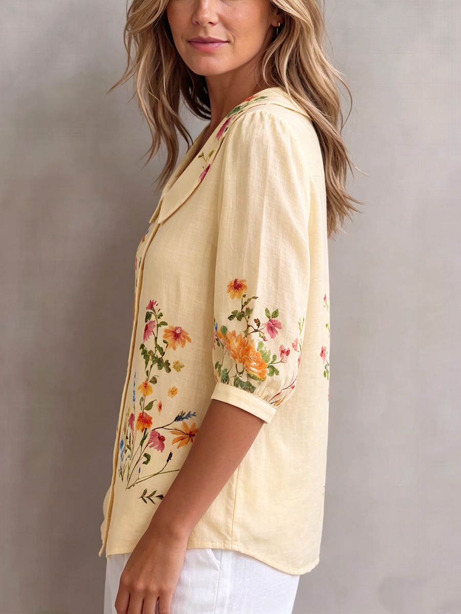 Mavessia - Damesblouse van katoen en linnen met artistieke vintage bloemenprint