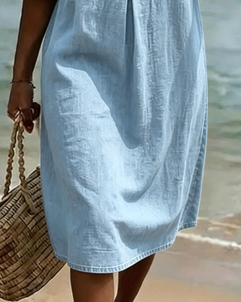 Fynorae - Dames jurk van denim met volantmouwen vloeiende snit zomer strand