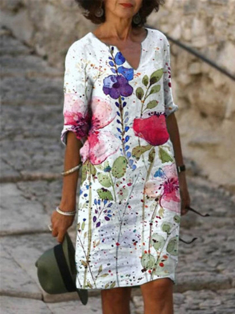 Jacqueline - Lente V-hals Drie-Kwart Mouwen Jurk