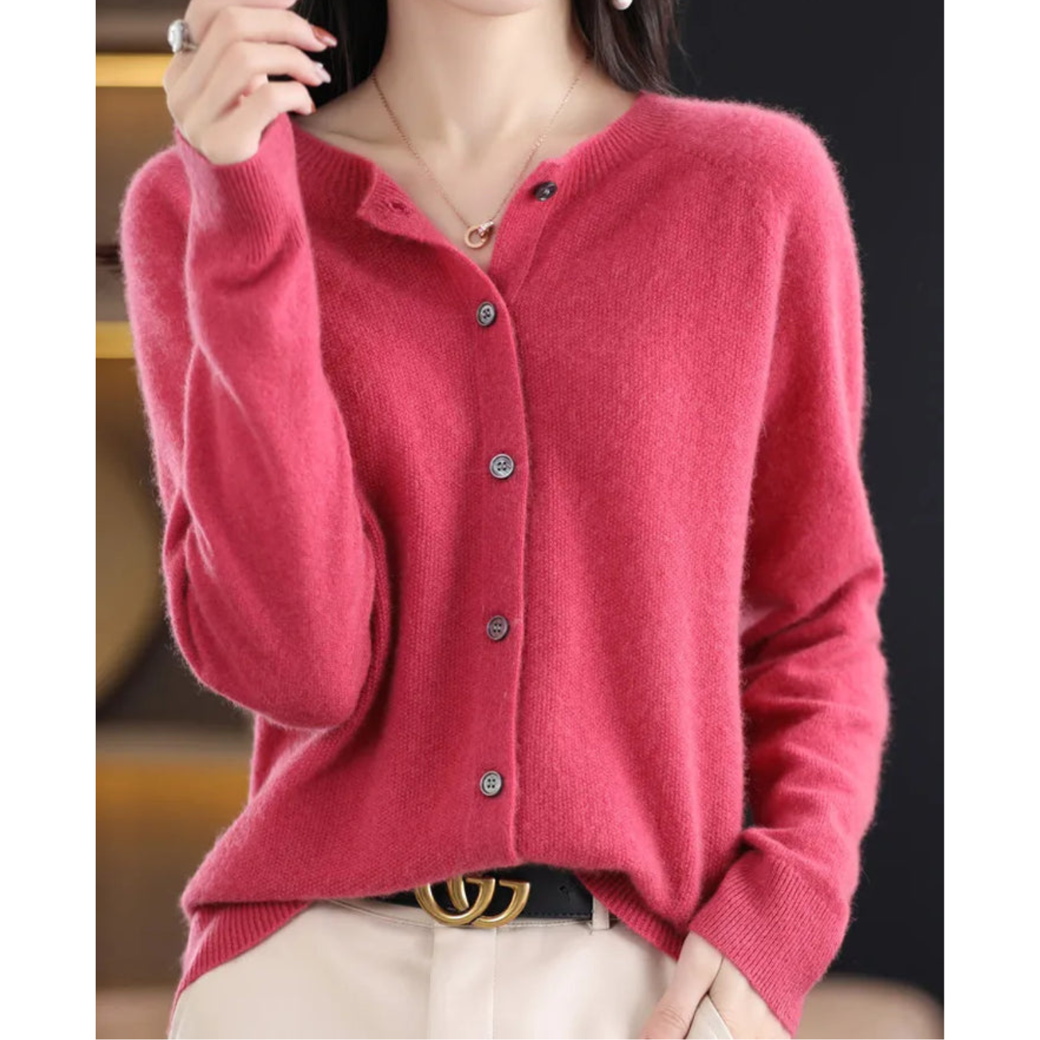 Elyse - 100% Pure Merino Wol Dames O-hals Cardigan Kasjmier Trui