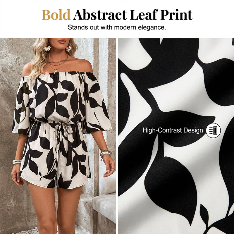 Ivoriah - Dames short jumpsuit met blote schouders en bladerenprint