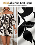 Ivoriah - Dames short jumpsuit met blote schouders en bladerenprint