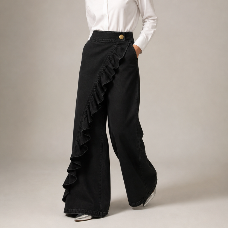 Izzavelle - Dames brede denim broek met asymmetrische volant in elegante culotte-stijl