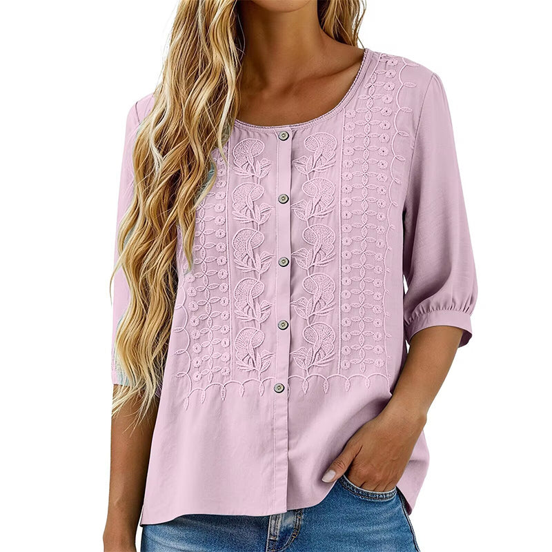 Sorivelle - Geborduurd damesblouse van katoen en linnen met 3/4 mouwen