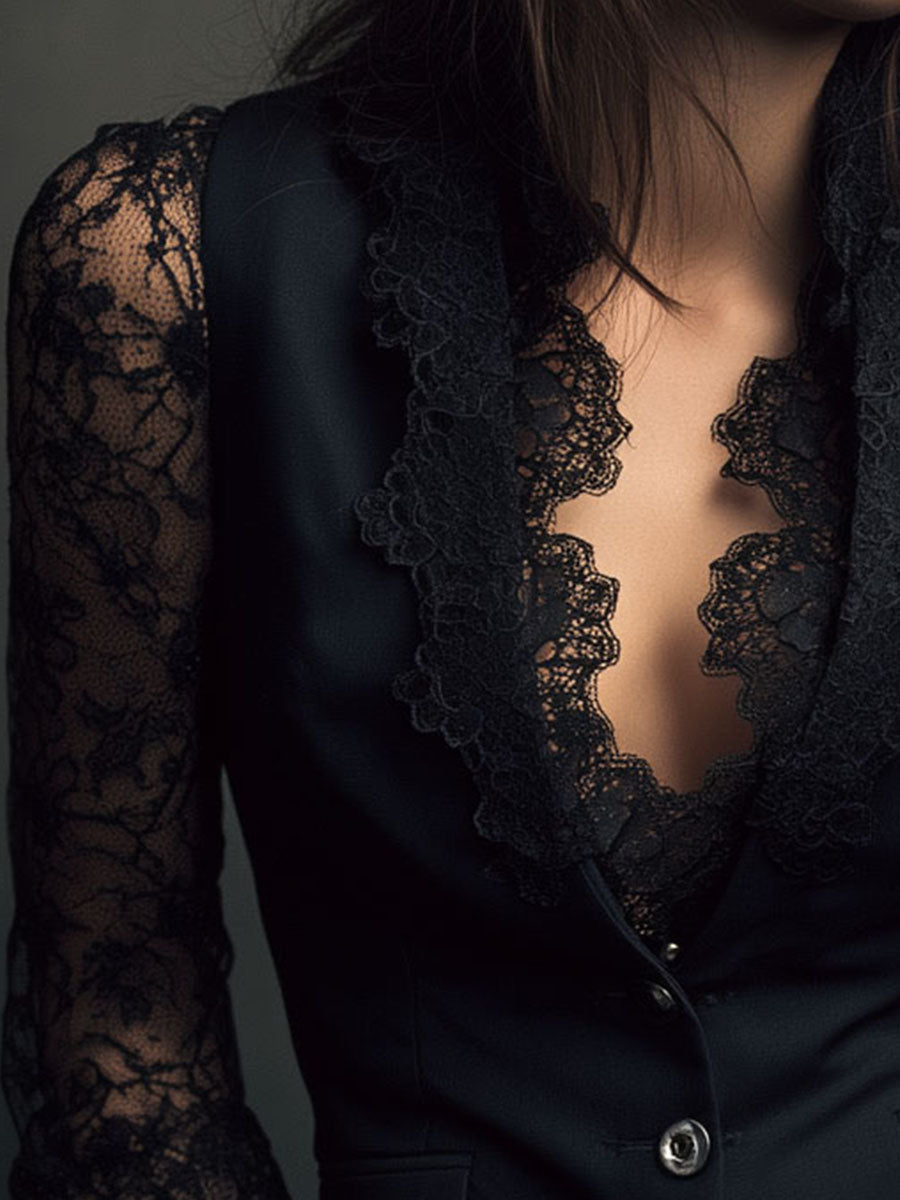 Bruxelle - Elegante Damesblouse van Kant met Transparante Mouwen
