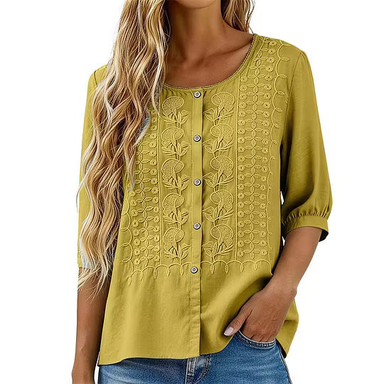 Sorivelle - Geborduurd damesblouse van katoen en linnen met 3/4 mouwen