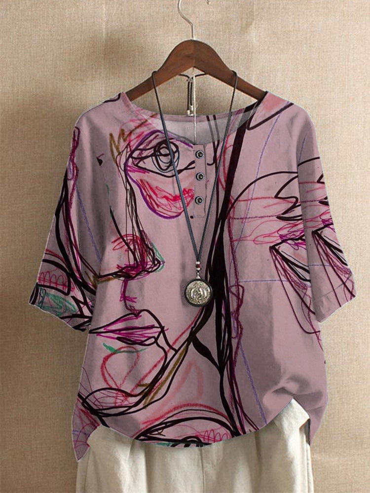 Averitha - Kunstzinnige dames T-shirt met 3/4 mouwen en ronde hals