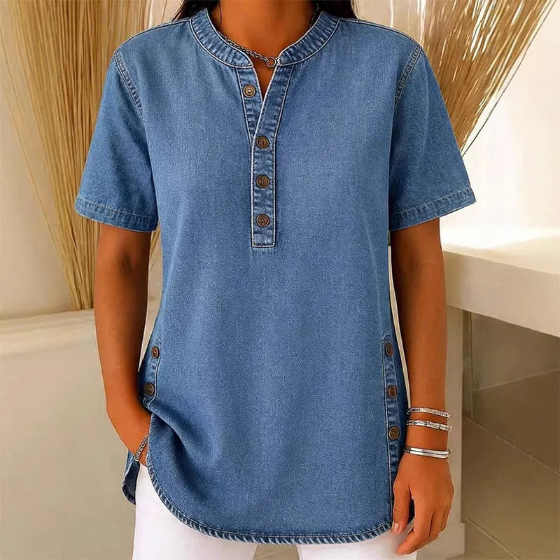 Kynessa - Lichte denim tuniek voor dames met korte mouwen en V-hals
