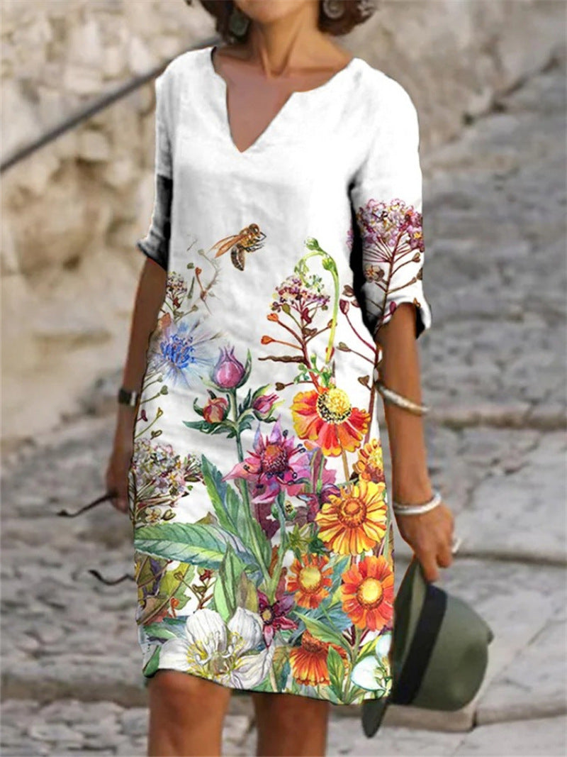 Jacqueline - Lente V-hals Drie-Kwart Mouwen Jurk