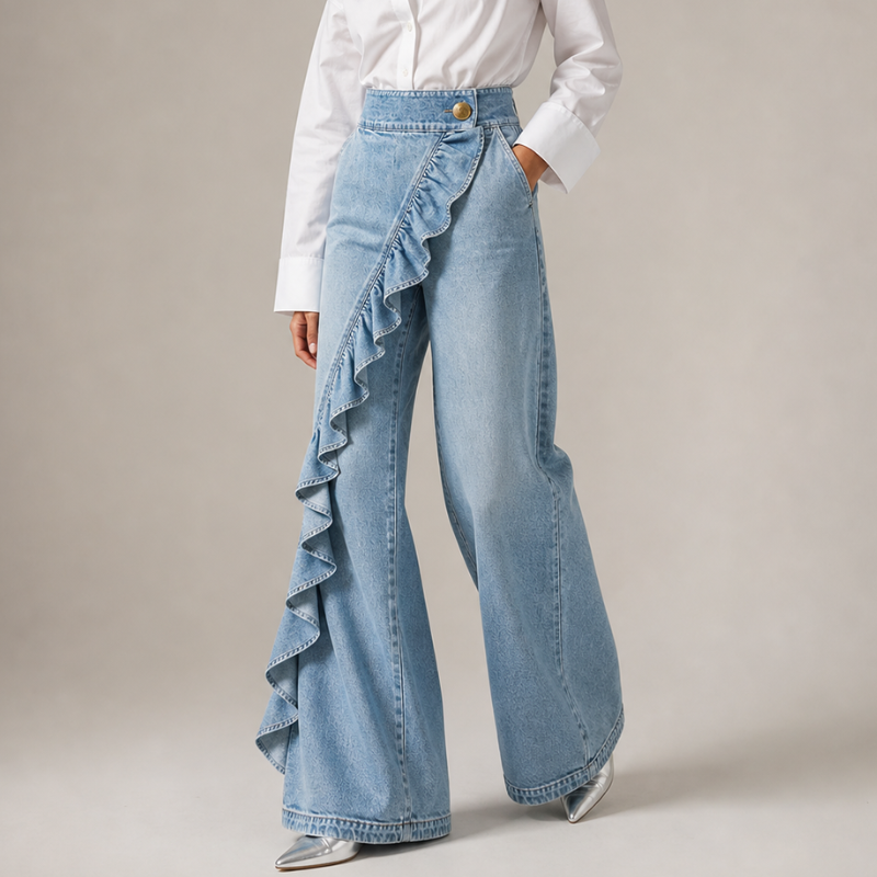 Izzavelle - Dames brede denim broek met asymmetrische volant in elegante culotte-stijl