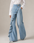 Izzavelle - Dames brede denim broek met asymmetrische volant in elegante culotte-stijl