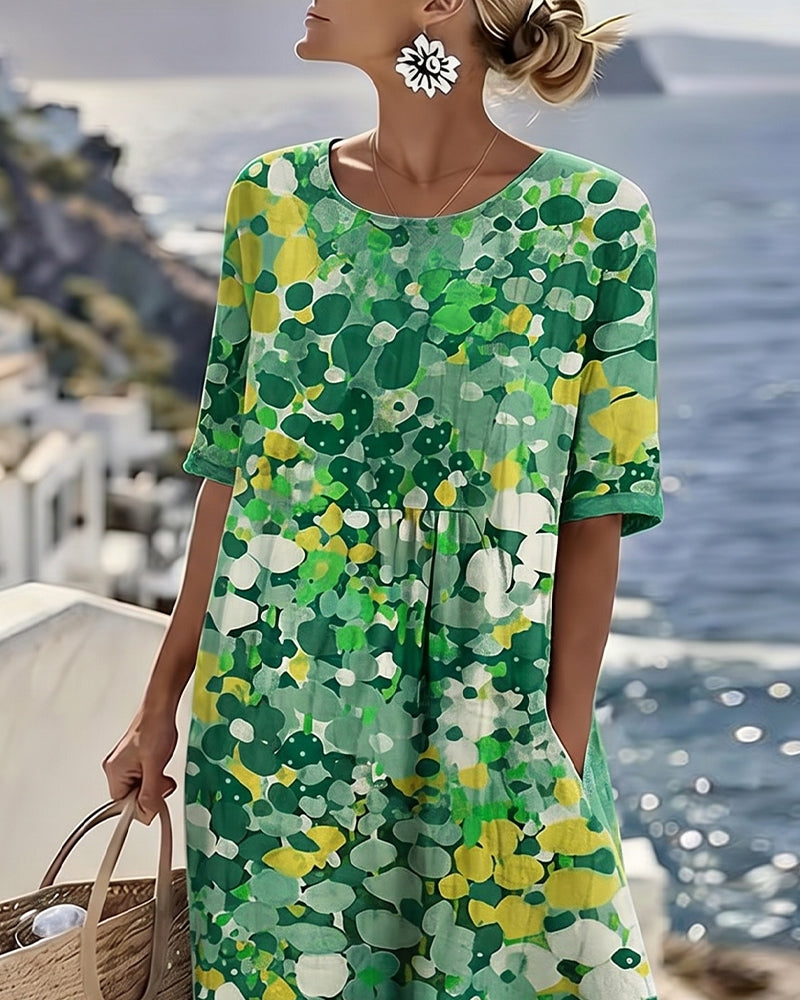Averixa - Vrouwen midi-jurk met abstracte bloemenprint van katoen en linnen voor de zomer