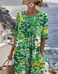 Averixa - Vrouwen midi-jurk met abstracte bloemenprint van katoen en linnen voor de zomer