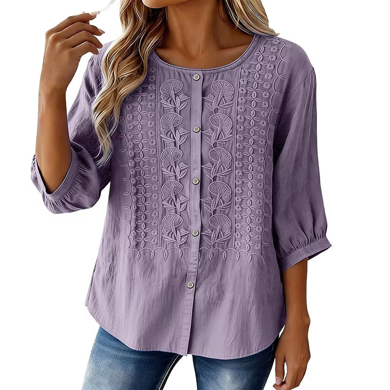 Sorivelle - Geborduurd damesblouse van katoen en linnen met 3/4 mouwen