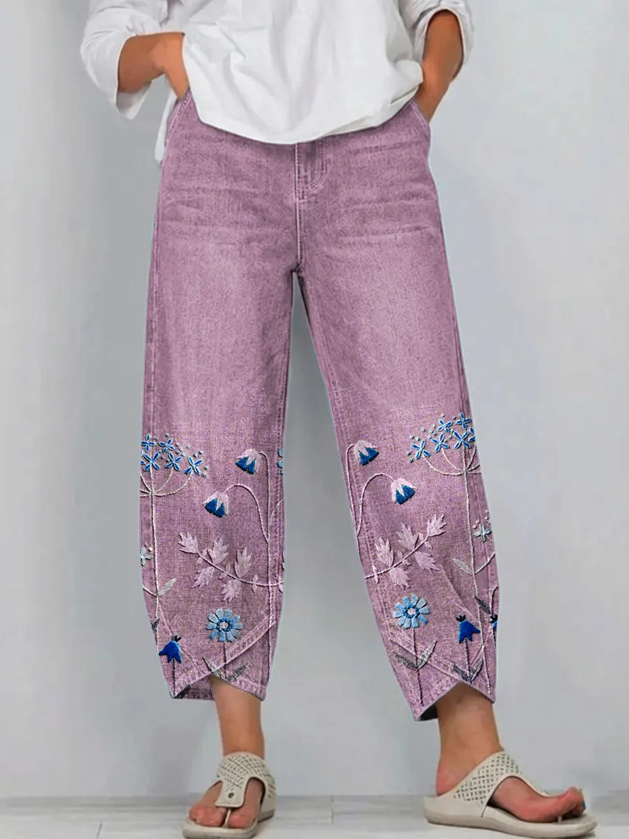 Fiorixa - Dames denim broek met borduurwerk in casual rechte snit
