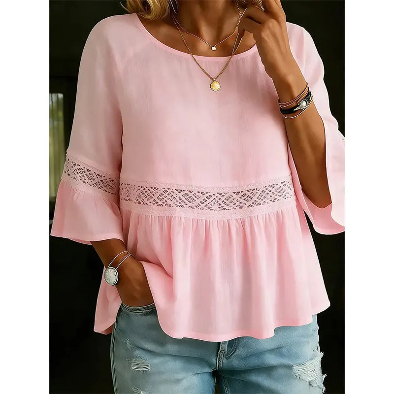 Evarielle - Damesblouse met kant en peplum met volantmouwen