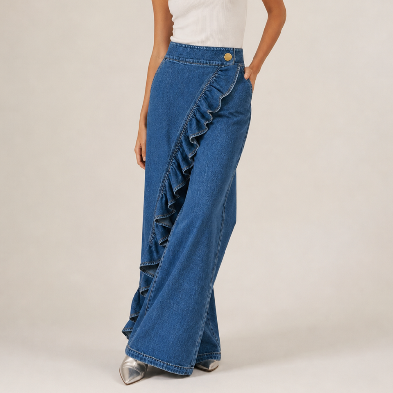 Izzavelle - Dames brede denim broek met asymmetrische volant in elegante culotte-stijl