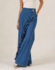 Izzavelle - Dames brede denim broek met asymmetrische volant in elegante culotte-stijl
