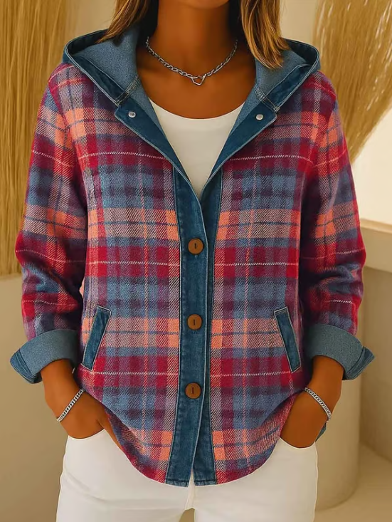 Nadrina - Jeansjack met Capuchon en Contrasterend Ruitpatroon