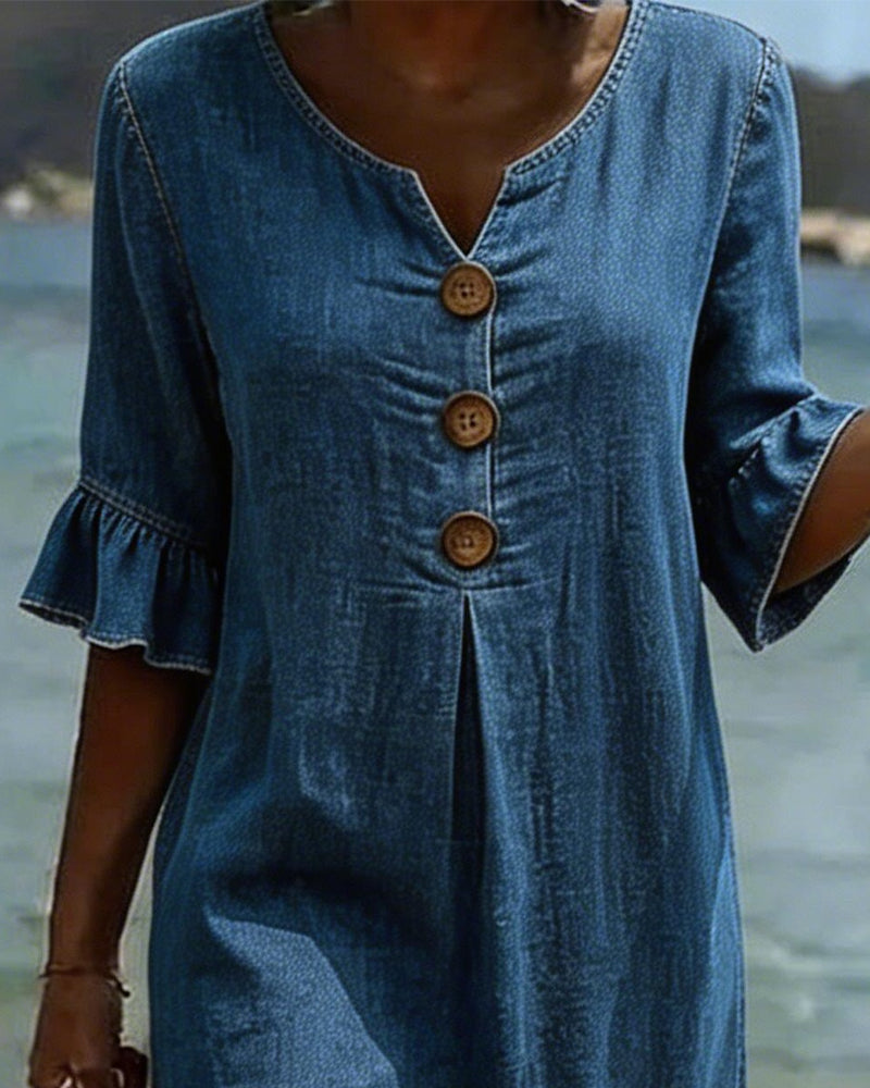 Fynorae - Dames jurk van denim met volantmouwen vloeiende snit zomer strand