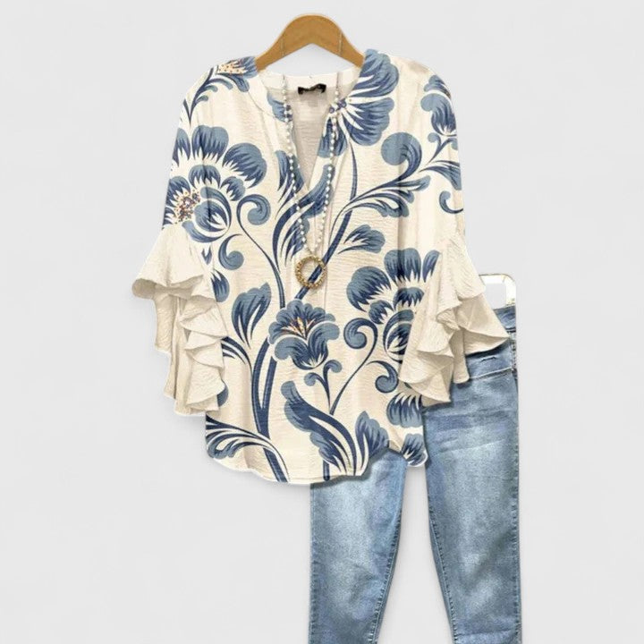 Myravelle - Damesblouse met bohemien print en elegante volantmouwen