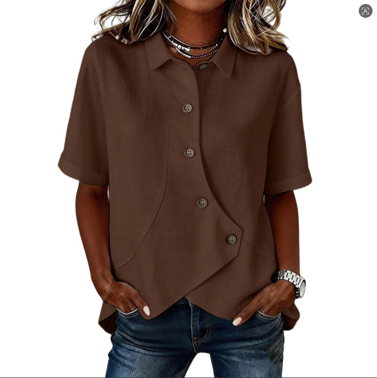 Aurelyth - Asymmetrische damesblouse met knopen en elegante gestructureerde kraag