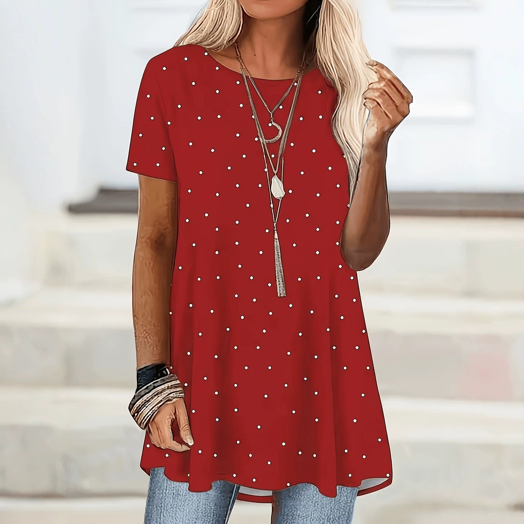 Glysselle - Dames blouse in het wit met stippen en korte mouwen