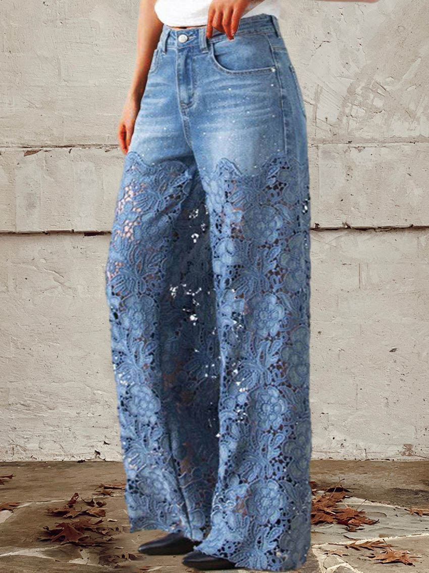 Lisandra - Halfhoge jeans met kant en patchwork voor een casual en trendy stijl