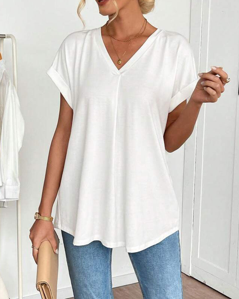 Estella - T-shirt met korte mouwen effen kleur patchwork