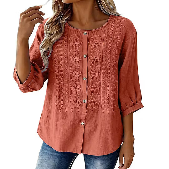 Sorivelle - Geborduurd damesblouse van katoen en linnen met 3/4 mouwen