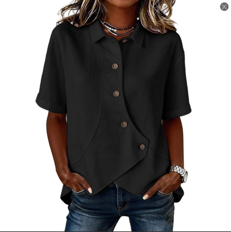 Aurelyth - Asymmetrische damesblouse met knopen en elegante gestructureerde kraag