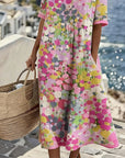 Averixa - Vrouwen midi-jurk met abstracte bloemenprint van katoen en linnen voor de zomer