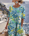 Averixa - Vrouwen midi-jurk met abstracte bloemenprint van katoen en linnen voor de zomer
