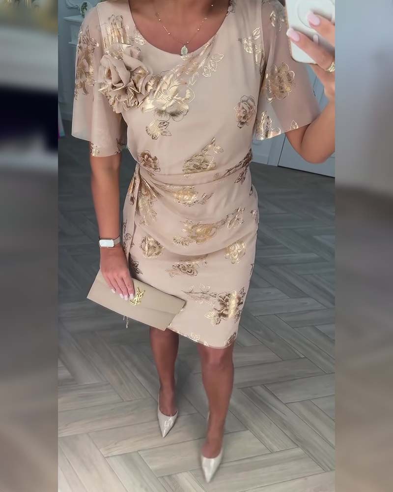 Dorevina - Elegante dames jurk met bloemenprint, korte mouwen en getailleerde pasvorm
