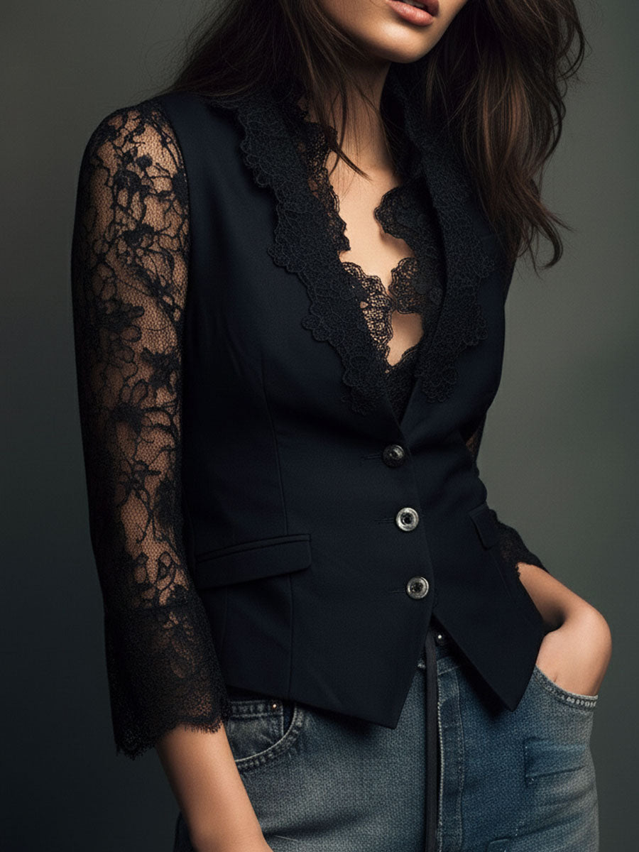 Bruxelle - Elegante Damesblouse van Kant met Transparante Mouwen